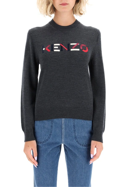 Shop Kenzo Logo Embroidery Sweater In Gris Fonce