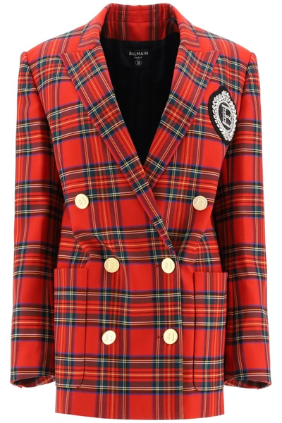 Shop Balmain Tartan Jacket With Jewel Patch In Rouge Multico