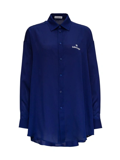 Shop Balenciaga Silk Shirt With Back Logo Print In Blu