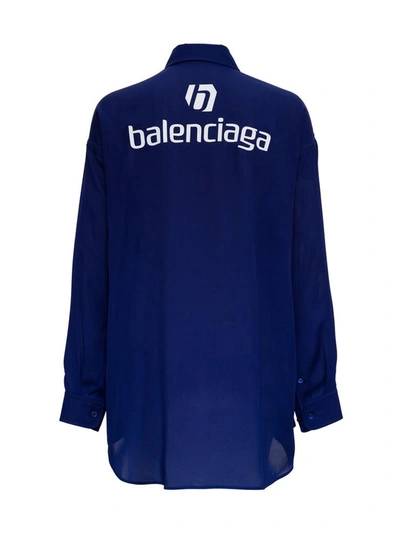 Shop Balenciaga Silk Shirt With Back Logo Print In Blu