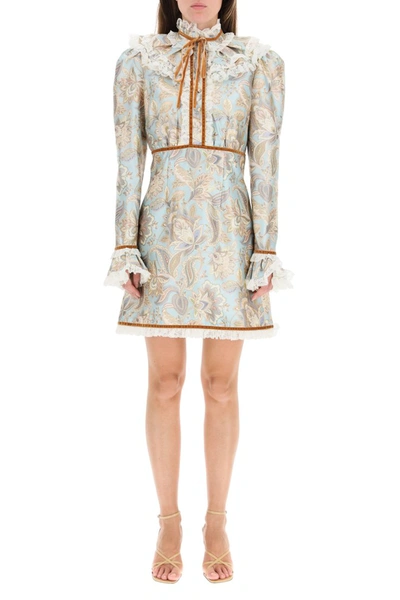 Shop Zimmermann Ladybeetle Mini Dress With Lace In Sky Jacobean