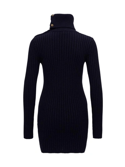 Shop Saint Laurent Knitted Mini Dress With Cowl Neck And Buttons In Blu