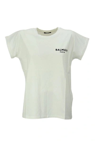 Shop Balmain White Cotton T-shirt With Flocked Black  Logo