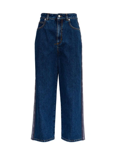Shop Alexander Mcqueen Wide Denim Jeans With Side Band In Blu