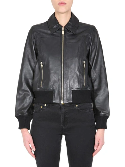 Shop Michael Michael Kors Leather Bomber In Black