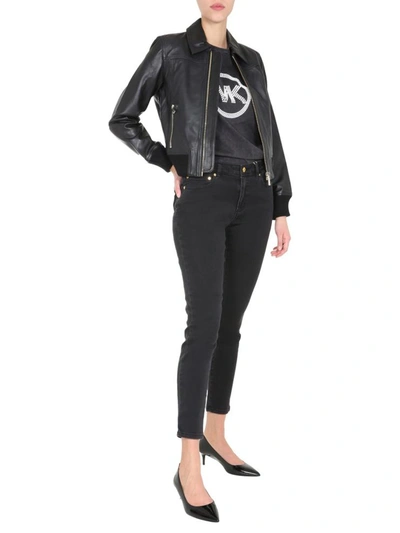 Shop Michael Michael Kors Leather Bomber In Black