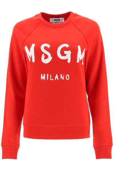 Shop Msgm Sweatshirt Logo Brush Print In Rosso