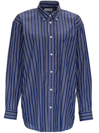 Shop Balenciaga Striped Poplin Shirt In Blu