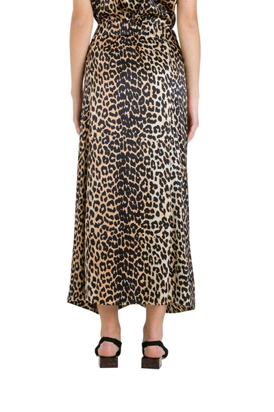 Shop Ganni Leopard Long Skirt In Stretch Satin In Beige