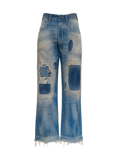 Shop Maison Margiela Bagggy And Straight Jeans With Destroyed Details And Patches In Blu