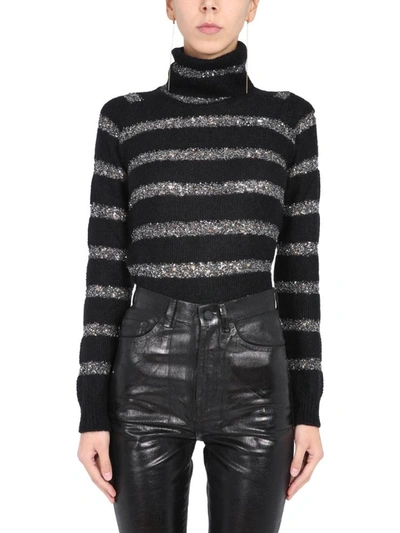 Shop Saint Laurent Striped Sweater With Sequins In Black