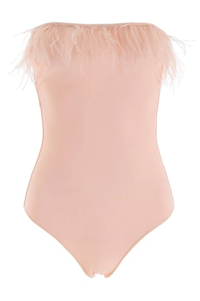 Shop Oseree Oséree Swimsuit With Feathers In Pink