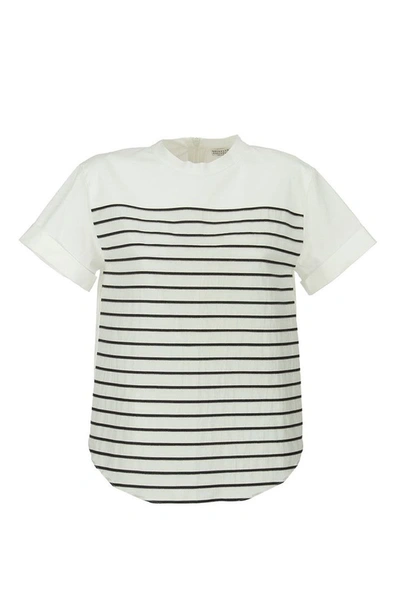 Shop Brunello Cucinelli Stretch Cotton Poplin T-shirt With Shiny Stripes White