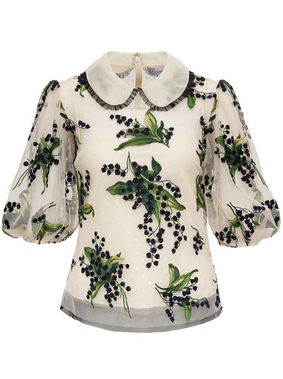 Shop Red Valentino Point D'esprit Tulle Shirt With May Lily Embroidery In White