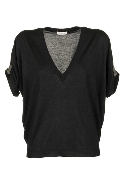 Shop Brunello Cucinelli Short Sleeve T-shirt Silk And Cashmere T-shirt With Monili In Black