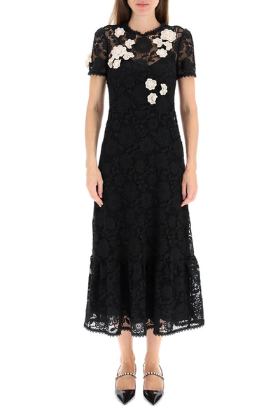 Shop Red Valentino Macrame Lace Long Dress In Nero Avorio