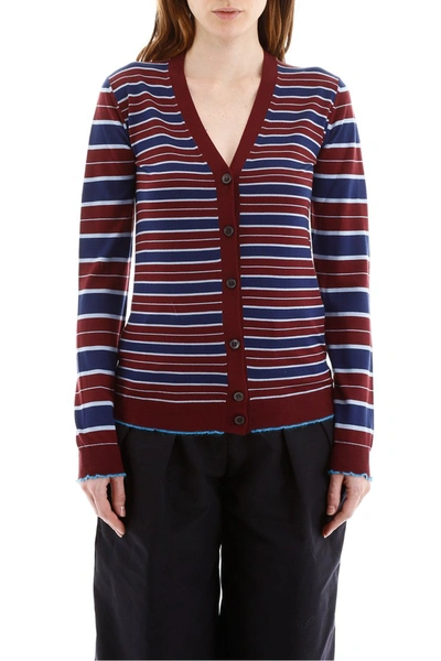 Shop Marni Striped Cardigan In Ruby