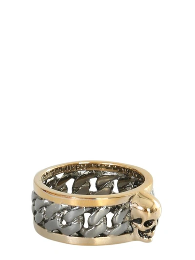 Shop Alexander Mcqueen Skull Ring And Chain In Gold