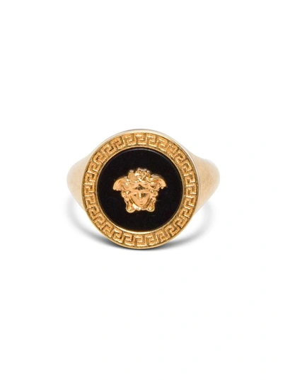 Shop Versace Oversize Medusa Gold And Black Ring In Metallic