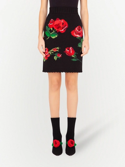 Shop Dolce & Gabbana Rose-intarsia Skirt In Black