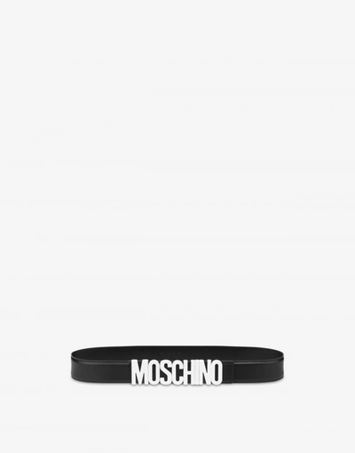Shop Moschino Calfskin Belt Lettering Logo In White