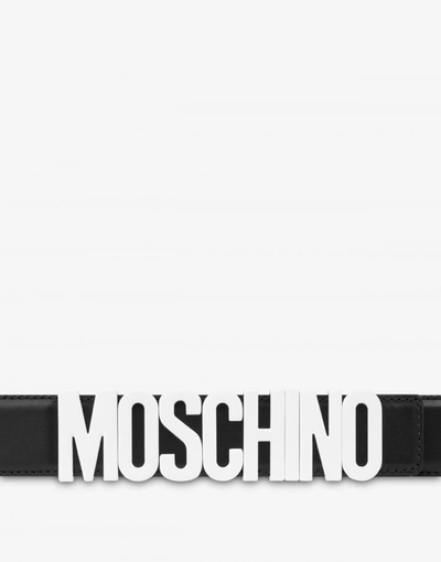 Shop Moschino Calfskin Belt Lettering Logo In White