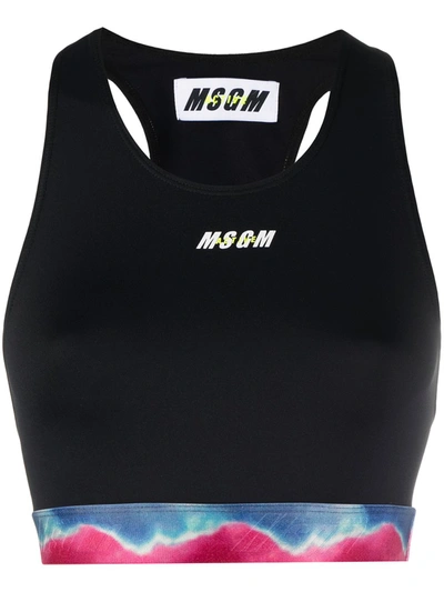 Shop Msgm Printed Waistband Logo Sports Bra In Black