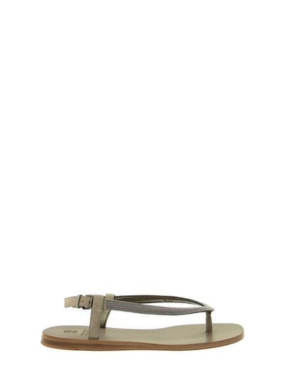 Shop Brunello Cucinelli Matte Calfskin Sandals With Precious Strap In Silver