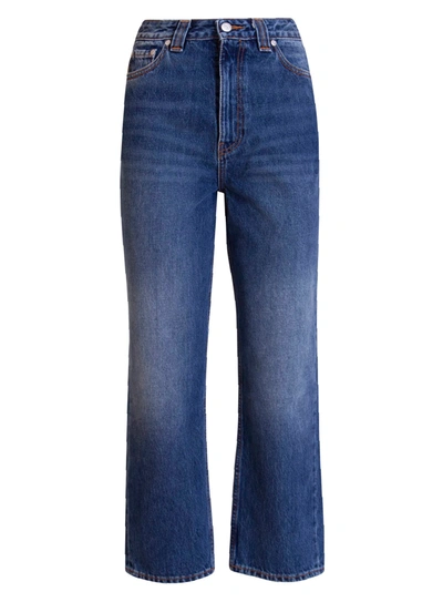 Shop Ganni Washed Denim High-waisted Cropped Jeans In Blu