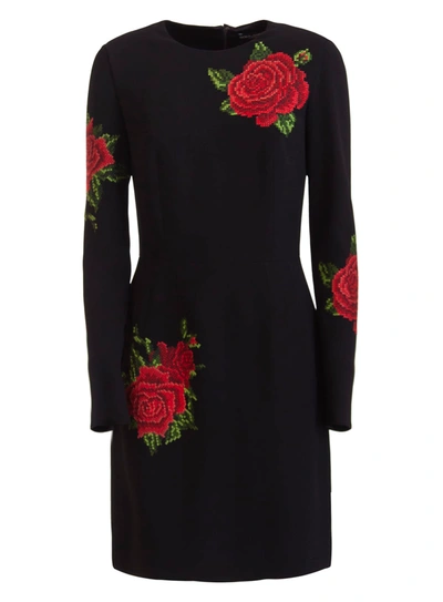 Shop Dolce & Gabbana Short Dress With Rose Embroidery In Nero