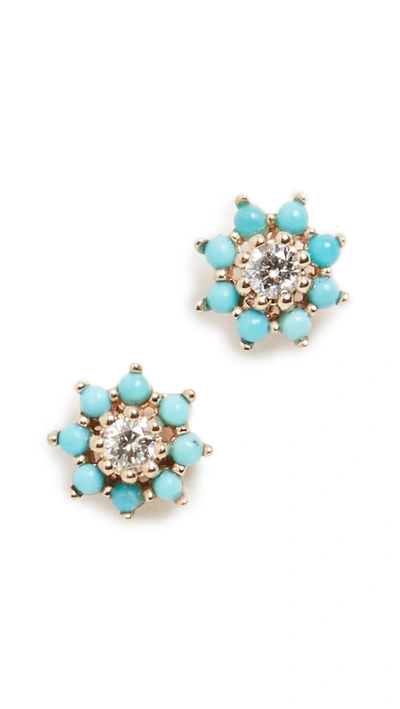 Shop Adina Reyter Tiny Turquoise And Diamond Flower Earrings In Yellow 14k