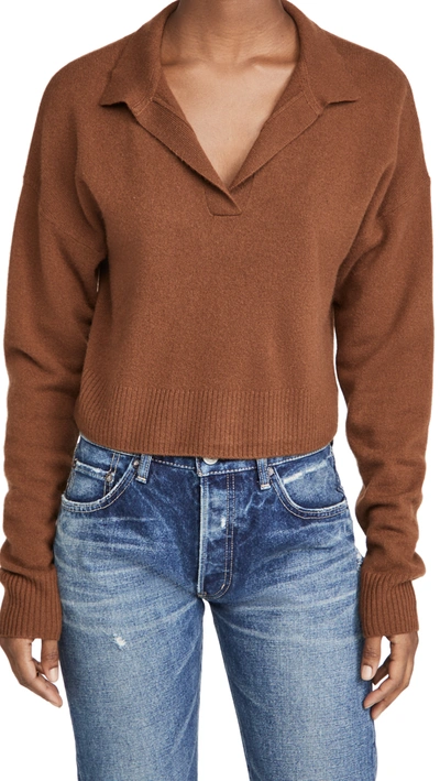Shop Reformation Cashmere Cropped Polo Sweater In Cinnamon