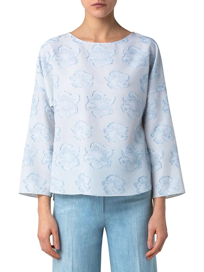 Shop Akris Punto Jacquard Flower Kimono Blouse In Sun Bleached Denim