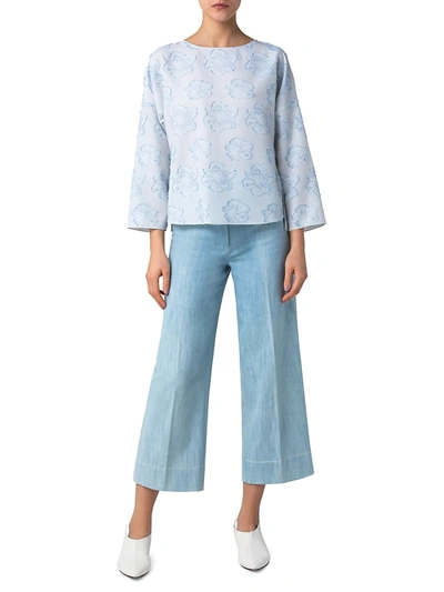 Shop Akris Punto Jacquard Flower Kimono Blouse In Sun Bleached Denim