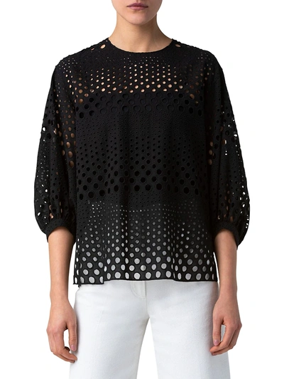 Shop Akris Punto Eyelet Embroidered Puff-sleeve Top In Black