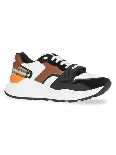 Shop Burberry Men's Ramsey Vintage Check Mixed-media Sneakers In Black Archive Beige