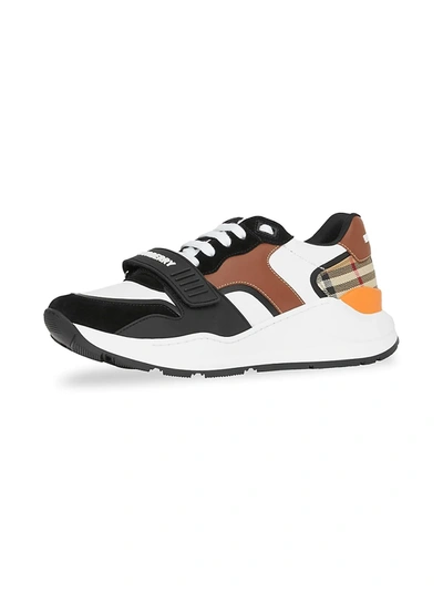 Shop Burberry Men's Ramsey Vintage Check Mixed-media Sneakers In Black Archive Beige