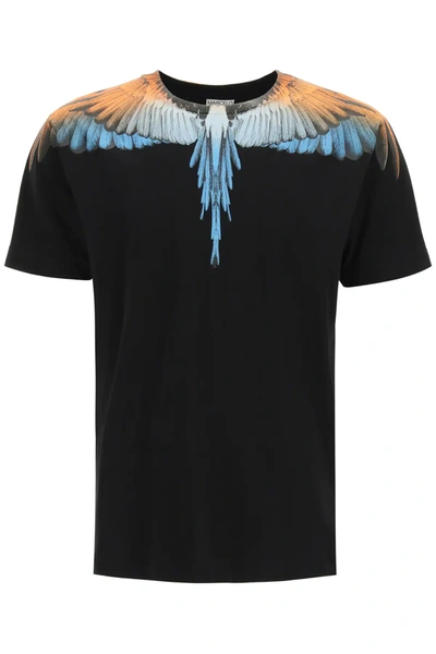 Shop Marcelo Burlon County Of Milan Wings Blue Neon Print T-shirt In Black