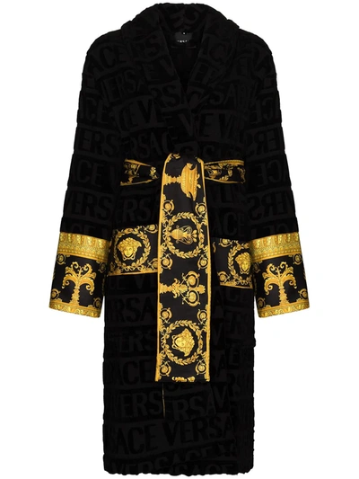 Shop Versace Baroque Logo-print Robe In Black ,yellow