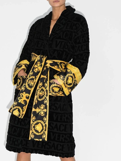 Shop Versace Baroque Logo-print Robe In Black ,yellow