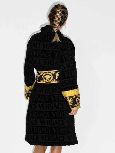 Shop Versace Baroque Logo-print Robe In Black ,yellow