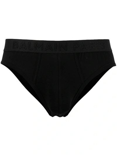 Shop Balmain Logo-waistband Slip-on Briefs In Black