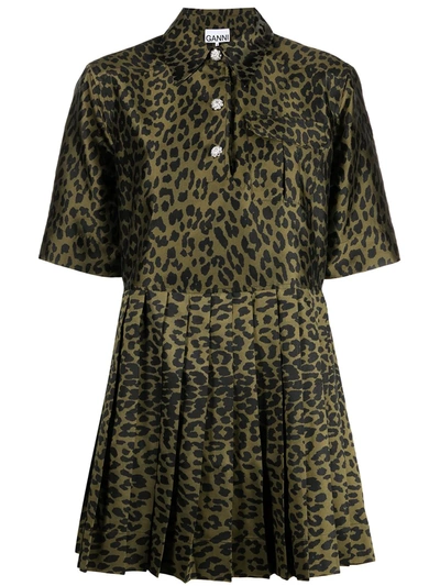 Shop Ganni Leopard-print Pleated Dress In Green