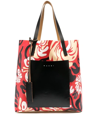 Shop Marni Abstract-print Logo Tote Bag In Red