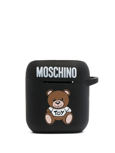 Shop Moschino Teddy Motif Logo-print Airpods Case In Black