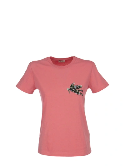 Shop Etro T-shirt With Embroidered Pegaso In Pink