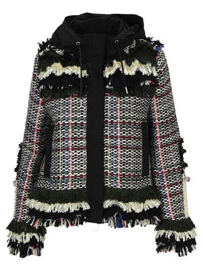 Shop Sacai Frayed Tweed Jacket In Multi Black