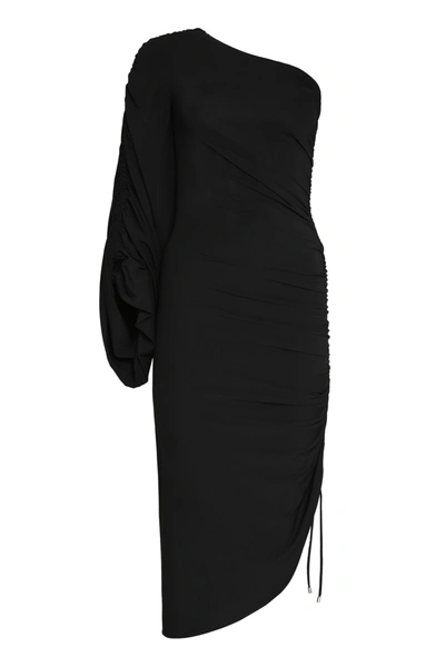 Shop Attico Asymmetric Dress With Waist Drawstring In Black