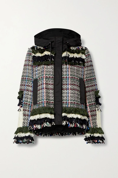 Shop Sacai Fringed Canvas-trimmed Tweed Jacket In Gray