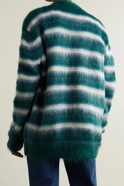 Shop Marni Striped Brushed Mohair-blend Cardigan In Green